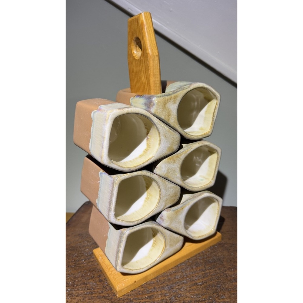 6 Rodolfo Padilla Stacking Coffee Mugs Brown Tan Drip Glaze Stoneware Unused